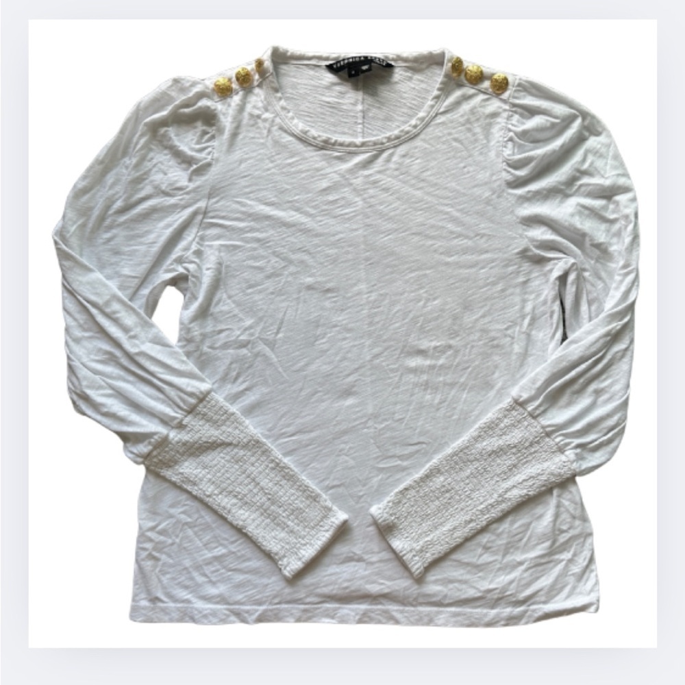 Veronica Beard Gold Button-Shoulder Long-Sleeve Tee | Size M - Picture 2 of 6